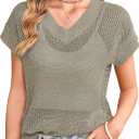 Cakulo Summer Crochet Tops for Women 2025 Short Sleeve V Neck Hollow Out Knit Beach Cover Up Casual Sweater Top (X-Large, Light Green)