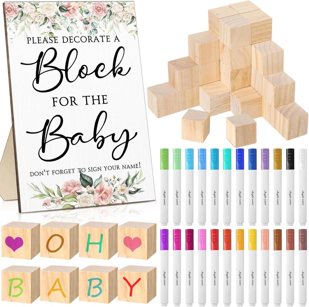 Tatuo 75 Pcs Baby Shower Block Games Here Comes The Son Baby Shower Decor 50 Blank Wooden Blocks 1 Decorate a Block Sign and 24 Paint Markers Party Decorations Activities for Guests(Floral)