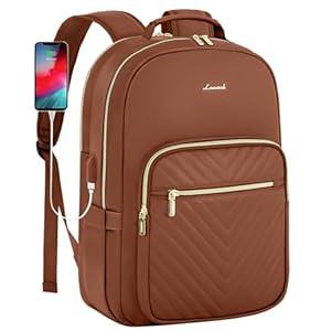 LOVEVOOK Leather Backpack for Women, 15.6 inch Leather Laptop Backpack Women Computer Backpack Laptop Bag, Stylish Quilted Travel Backpack Purse Work Bag College Teacher Backpack with USB Port, Brown