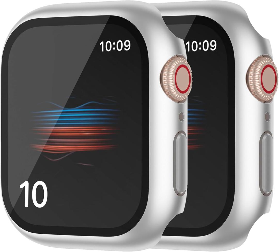 HANKN 2 Pack Hard PC Case with Button for Apple Watch Series 11 10 42mm Tempered Glass Screen Protector Case, Full Coverage Shockproof Iwatch Anti-Shatter Cover (Matte Silver x 2)