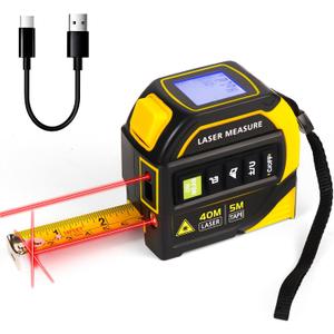 4-in-1 Laser Tape Measure - Laser Level & Crosshairs, 130ft/40m +16ft/5m AutoLock Tape, AngleHold, Backlit LCD Ft/In/M, Area/Volume/Pythagorean, ClassII for DIY/Construction/Interior Design