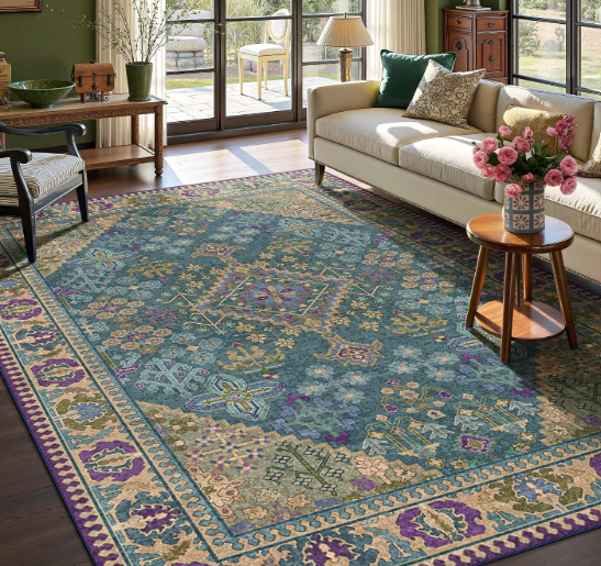 8x10 Boho Machine Washable Low Pile Area Rugs for Living Room Teal Purple Non Slip Backing Soft Printed Vintage Oriental Carpet with Bohemian Style for Bedroom, Dinning Room, Apartments