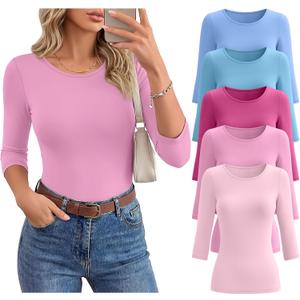 Huukeay 5 Pack Women's Elbow Sleeve Tops 3/4 Sleeve Round Neck T-Shirt Slim Fit Casual Stretchy Tunic Basic Tees Bulk (Pink, M)