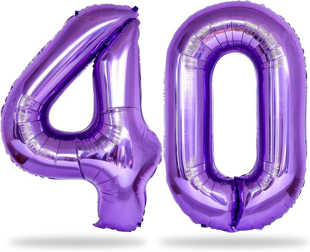 Purple Number 40 Birthday Balloons, 40 Inch Large Purple Mylar Foil Number 4 and 0 Balloons for Women, 40th Birthday Balloons for 40 Year Old Birthday Anniversary Party Decorations Supplies