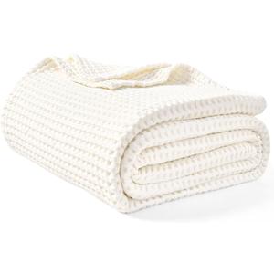 PHF 400GSM 100% Washed Cotton Waffle Weave Blanket, Cozy Breathable Skin-Friendly Throw Queen Size for All Season, Luxury Fall Layer for Couch Bed Sofa, Elegant Home Decor, Coconut White,90"x90"
