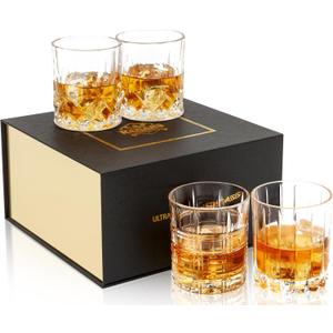 KANARS Old Fashioned Whiskey Glasses - Multi Designs Bourbon Glass 10 oz with Luxury Box - Ultra Clear Crystal Rocks Barware for Scotch, Irish Whisky, Rum and Cocktail - Set of 4