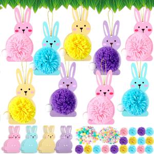 Geelin 24 Set Easter Wooden Bunny Cutouts for Crafts 5.1 Inch Wood Bunny with Pom-pom Hanging Rabbit Ornament Gifts for Spring Easter DIY Activity Home Table Centerpiece