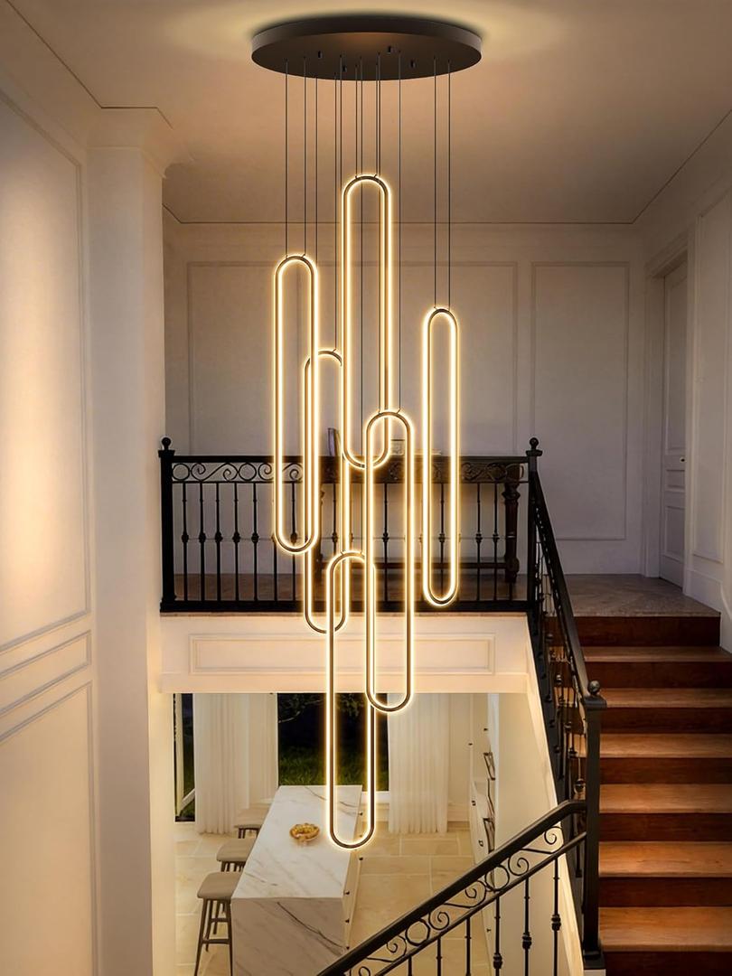 Flashing God H138 Modern Chandelier 6-Rings Large Chandelier for High Ceiling Led Dimmable Ring Pendant Lighting Black Contemporary Chandeliers for Villa Foyer Entrance Living Room