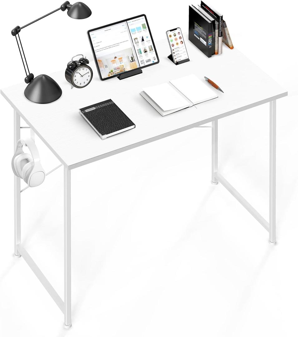 YSSOA Small Space Writing Desk with Headphone Hooks, Modern Simple Design, Suitable for Study, Home Office and Living Room (40 Inch, Basic White)