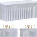 Outpain 2 Pack 6FT White Velvet Tablecloth Rectangle 90x132 inch - Heavyweight Luxury Fitted Table Cover with Floor-Length Skirt, Wrinkle-Free Stretch Fabric for Wedding Receptions/Banquet Decor