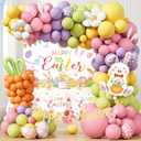Easter Party Decorations Kit, Happy Easter Bunny Party Supplies for Home Indoor Decor, Spring Balloon Garland Banner, Cake Cupcake Toppers, Backdrop Tablecloth for Easter Garden Party Decorations Set