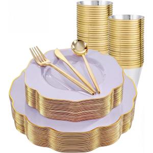 bUCLA 180PCS Purple Plastic Plates - Disposable Purple with Gold Rim, Include 30 Each (Dinner & Salad) Plates, 30 Knives, 30 Forks, 30 Spoons, 30Cups for Party, Shower & Birthday
