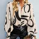 Womens Button Down Shirts Print Boho Blouses Floral Long Lantern Sleeve Top (Beige, L)