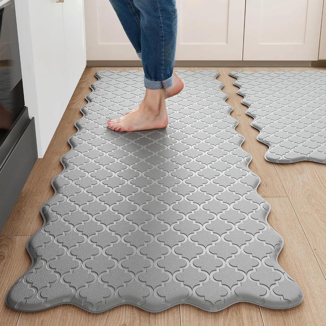 Arenarug Upgrade Scalloped Embossed Kitchen Mats for Floor 2PCS Cushioned Anti Fatigue Waterproof Foam Kitchen Rugs Non Slip Washable Comfort Standing Mat for Sink Laundry, 17.3"x30"+17.3"x59", Grey