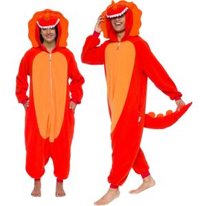 Funziez! Adult Onesie Halloween Costume Animal Dinosaur Shark Unisex Plush One Piece Cosplay Suit for Adults, Men and Women (Small, Triceratops Orange)