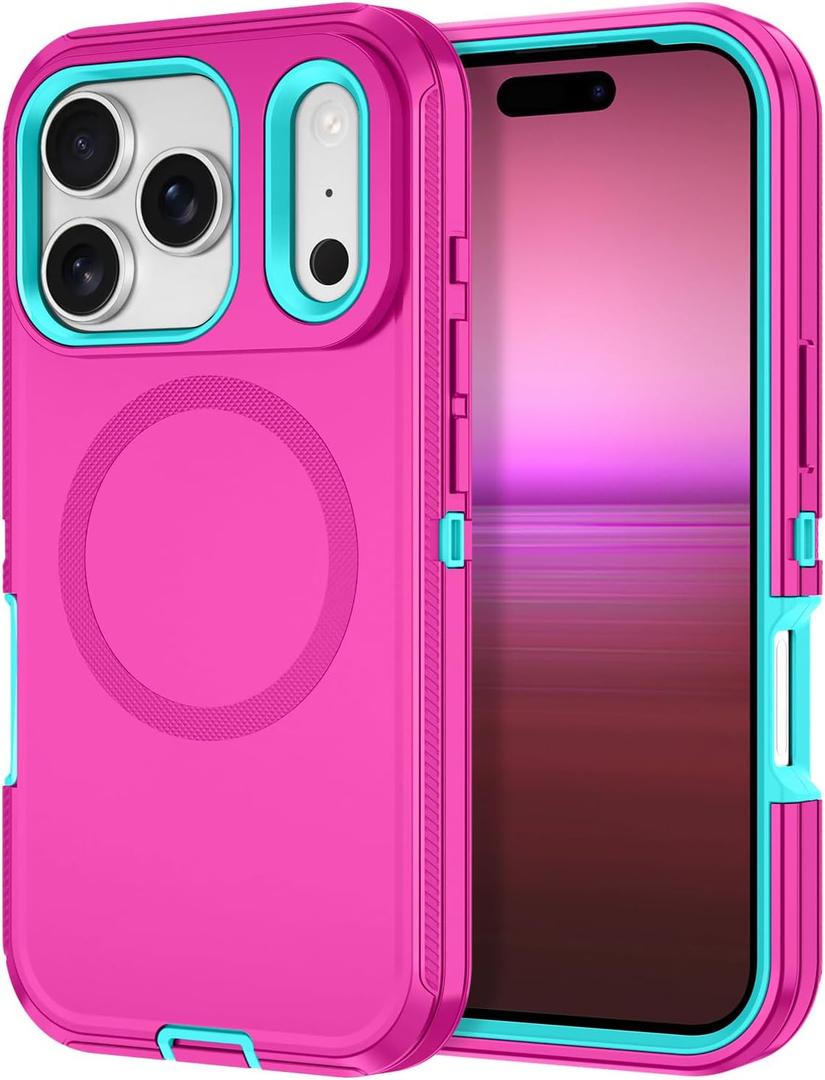 I-HONVA for iPhone 17 Pro Max Case [Compatible with MagSafe] Shockproof 3-Layer Full Body Protection [Without Screen Protector] Rugged Heavy Duty Cover Case for Apple iPhone 17 Pro Max,Rose Red/Green