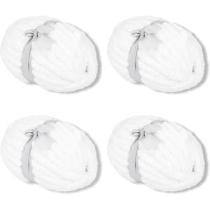 White Chunky Yarn Soft Thick Fluffy Jumbo Chenille Yarn for Luxurious Blankets, Throw, Home Decor - for Arm Knitting, Crochet & Knitting Projects (4-Pack/2.1 lb, 132yds)