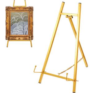 Metal Easel Stand Gold, Easel Stand for Sign Table Top Easels for Display Modern Metal Tripod with Chain Bracket for Paintings, Photographs, Posters, Mirrors- 16.7 x 8.7 x 4.3 Inch (H * W * D)