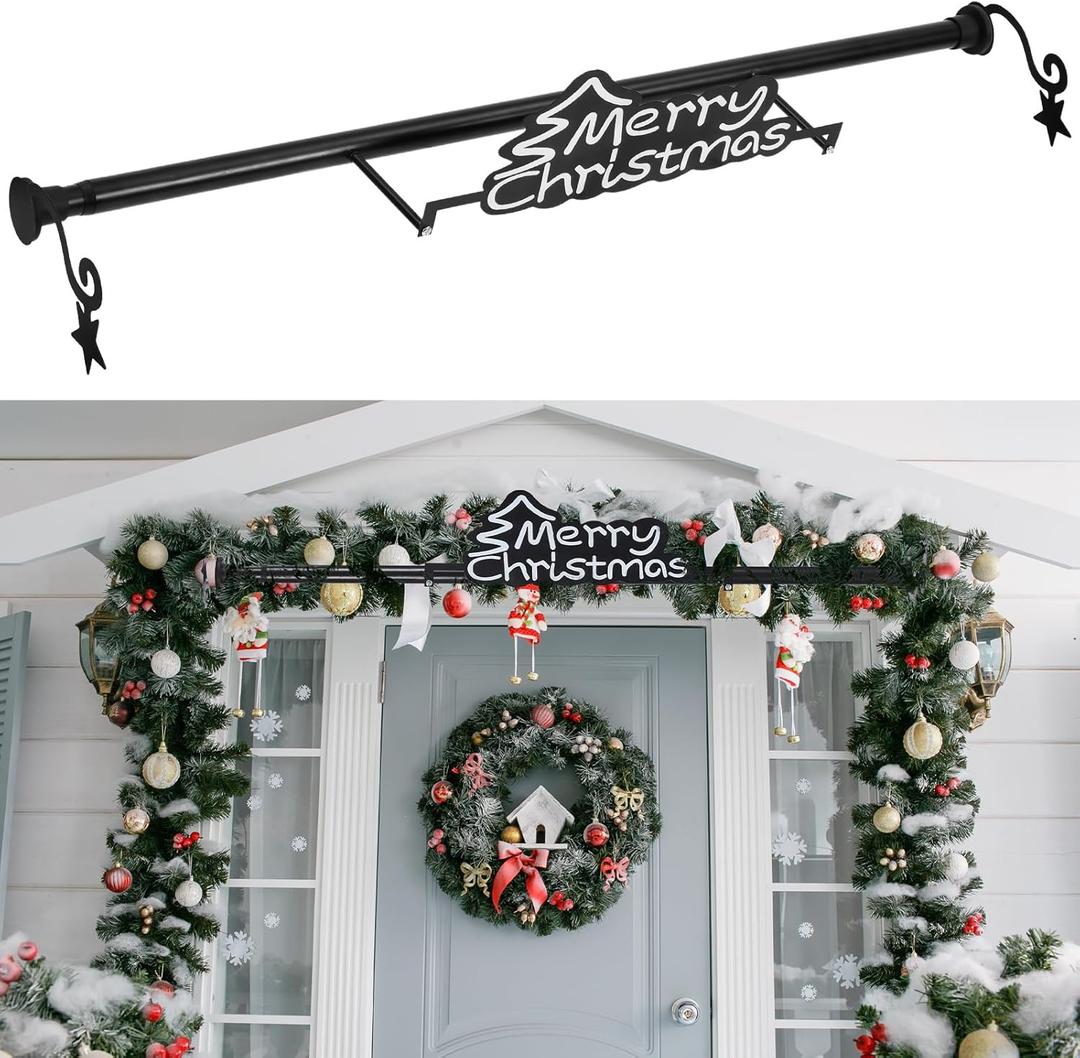 35.5" - 63" Christmas Garland Hanger for Front Door Adjustable Wreath Hanger No Nails or Screws Heavy Duty Black Metal Hook with Christmas Sign for Different Door Holding Wreath Xmas Decor