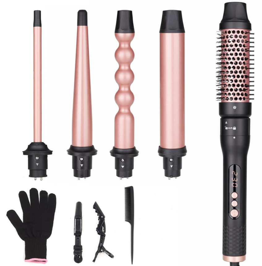 5 in 1 Curling Wand Set Curling Brush Curling Iron Set with Curling Brush and 4 Interchangeable Ceramic Curling Wand(0.5 -1.25 ) Fast Heating Include Glove & 2 Clips 