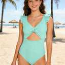 Girls One Piece Swimsuit Cut Out Ruffle Bathing Suit Twist V Neck Swimwear Solid Color with Cover Up Skirt 9-16T