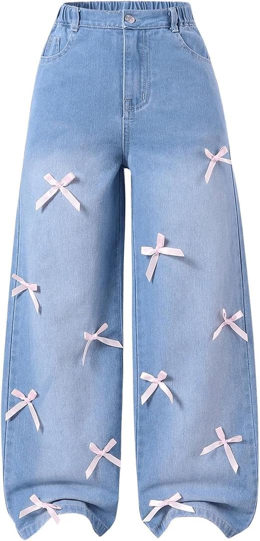 WDIRARA Girl's Cute Bow High Elastic Waisted Denim Pants Basic Baggy Wide Leg Jeans