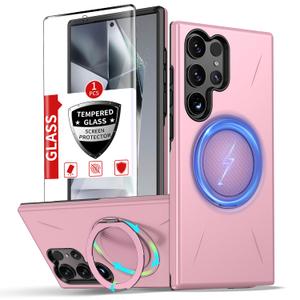 IYTRRYH for Samsung Galaxy S24 Ultra Case with 360Rotatable Invisible Magnetic Stand Ring[Compatible with MagSafe] [1*Screen Protector] for S24 Ultra Phone Case Military-Grade Shockproof Slim Pink