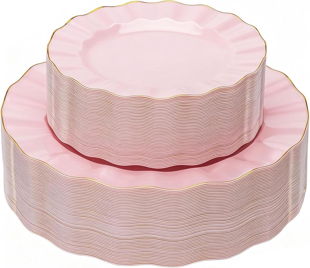 120PCS Pink Plastic Plates, Heavy Duty Disposable Party Plates with Gold Rim, Fancy 60 Dinner & 60 Dessert Plates for Parties and Wedding