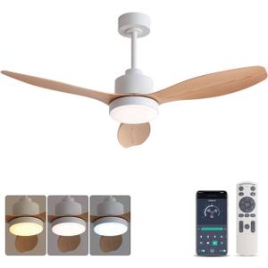 Jazimar 52" Ceiling Fan with Lights, Waterproof, Remote Control, 3 Color Dimmable LED, 6 Speed Reversible DC Motor, Ultra-Quiet 3-Blade Wood Grain for Living Room Bedroom Patio Porch