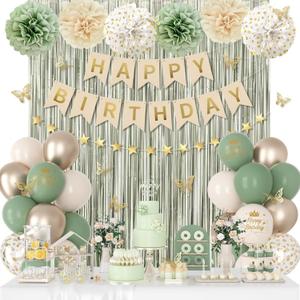 Sage Green Birthday Decorations for Women Girls, Green Sand Gold Confetti Metallic Printed Balloons Butterfly Stickers Fringe Curtain Happy Birthday Banner Star Garland Paper Pompoms Party Supplies