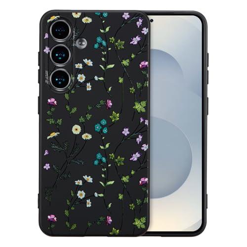 RALEAVO Case for Samsung Galaxy S25,Cute Floral Cover with Flower Branch Pattern Liquid Silicone Phone Cover for Girls Women Slim Soft Rubber Protective for S25 Phone Case,Black