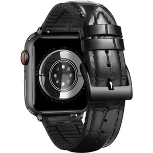 BINLUN Compatible with Apple Watch Bands 49mm 46mm 44mm 45mm 42mm 41mm 40mm 38mm Alligator Leather and Silicone Hybrid Replacement Strap for iWatch Ultra SE Series 11/10/9/8/7/6/5/4/3/2/1 (Black-Black Buckle)