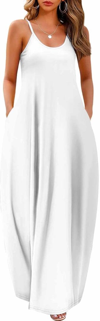 Wolddress Womens 2025 Casual Sleeveless Sundress Plus Size Loose Plain Long Summer Beach Maxi Dress with Pockets S-5X (White)