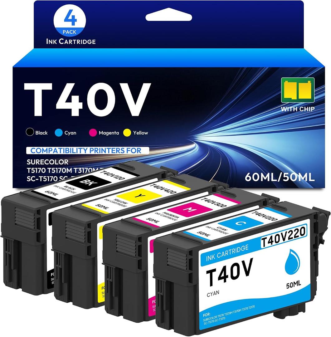 T40V Ink Cartridge Set (with New Chip) 60ML High Capacity Remanufactured T40V120 T40V220 T40V320 T40V420 Ink Cartridge Replacement for SureColor T2170 T3170 T3170M T5170 T5170M Printer Ink, 4-Pack