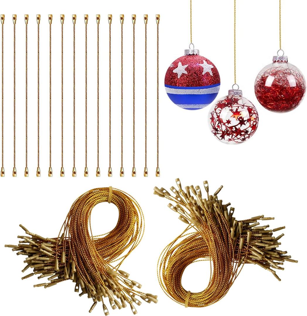 200Pcs Gold Ornament Hooks Ornament Hangers Ribbon Ornament String with Snaps Precut String Hangers Snap Fasteners Rope Hooks for Halloween Christmas Ornaments Price Tag Crafts Gift Tag