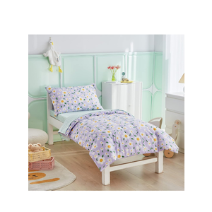 4 Pieces White Girls Toddler Bedding Set Purple Floral Style - Includes Adorable Quilted Flower Comforter, Green Plaid Fitted Sheet, Top Sheet, and Pillow Case for Girls Bed, Size 105*140 cm