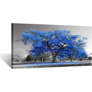 KREATIVE ARTS Canvas Prints Blue Tree Wall Art Painting Contemporary Black and White Fall Landscape Pictures Modern Giclee Stretched and Framed Artwork for Walls 20x40inch