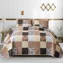 Mybedsoul Brown Patchwork Quilt Set California King Size,3 Pieces Khaki Floral Plaid Reversible Bedspread Coverlet Set for All Season,Summer Soft Microfiber Bedding Set 96"x 106"