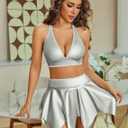 Avidlove Sexy Lingerie for Women Rave Club Date Night Outfits Lingerie Set Leather 2 Piece Halter Crop Top and Mini Skirt (Large, Gray)