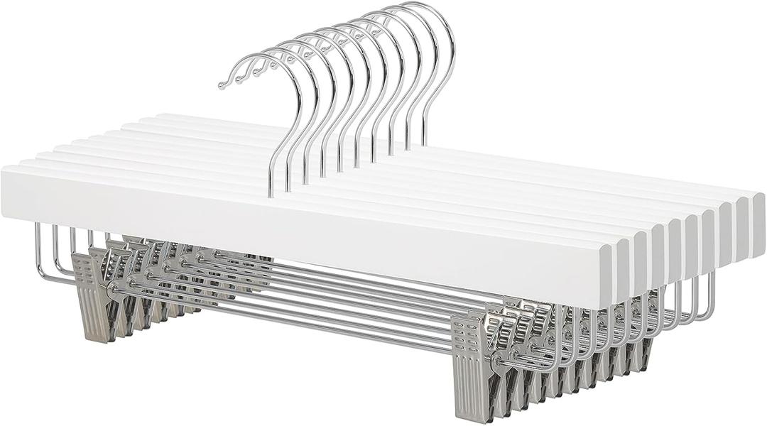Amazon Basics Durable Wooden Pants and Skirt Hangers with Clips - White, 10-Pack