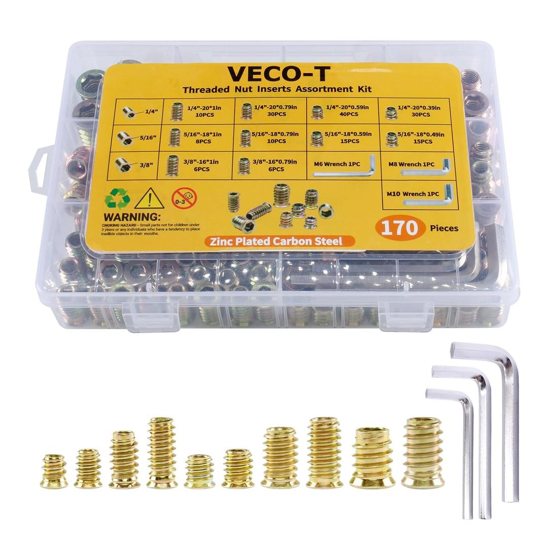 170 PCS Threaded Inserts for Wood Assortment Kit - 10 Sizes (1/4"-20, 5/16"-18, 3/8"-16) with M6/M8/M10 Hex Wrenches - Steel Inserts for Furniture Screws, Wood Furniture & Cabinet