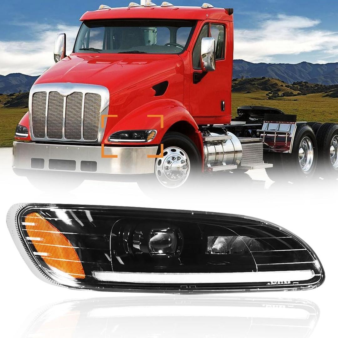 Headlights for Peterbilt 387 325 330 335 337 340 348 382 384 386 Truck High and Low Beam Bulb Left Driver and Right Passenger Side Pair LED Headlamp(Black)