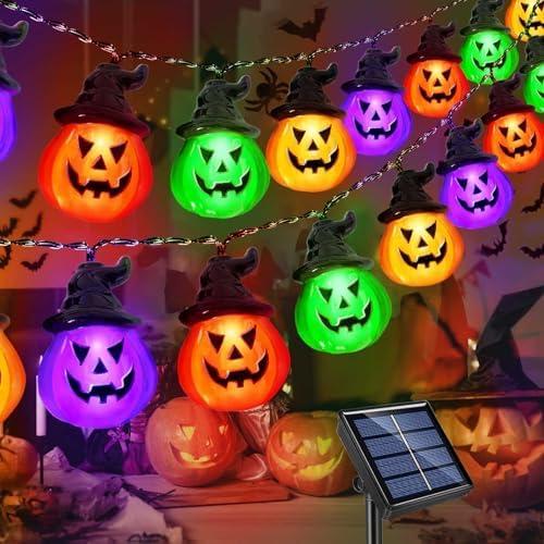 Windpnn Upgraded Solar Halloween Lights Outdoor, Solar Powered Pumpkin String Lights,16ft 20LED 8 Modes Waterproof Halloween String Lights for Garden Patio Landscape Halloween Decorations(Multicolor), Set of 2