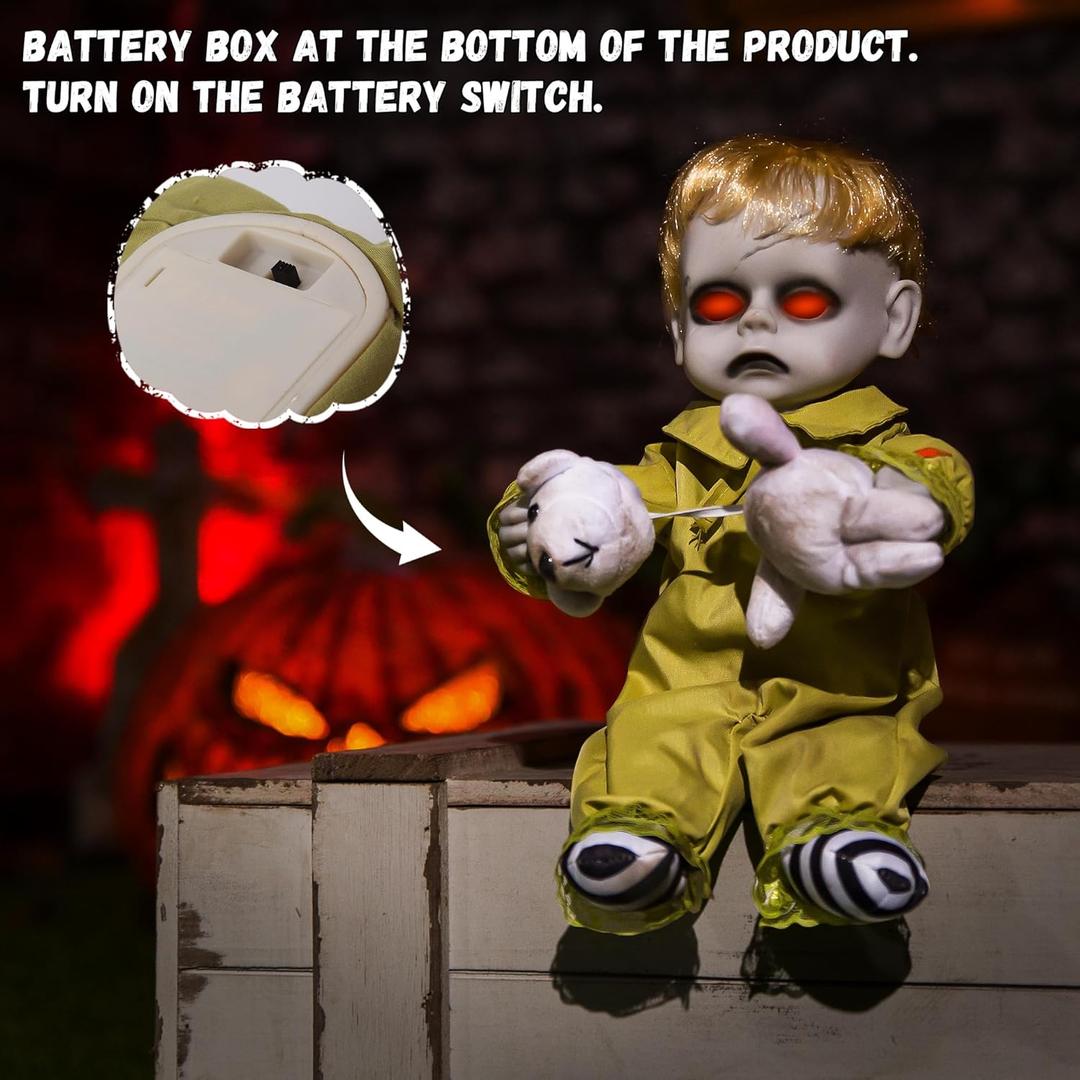 Halloween Animatronic 10inch Creepy Girl Doll, Halloween Animated Decorations with Sound Activated Spooky Sound, Light Up Eyes, Scary Move, Haunted House Holiday Decor Horror Prop for Indoor, Outdoor