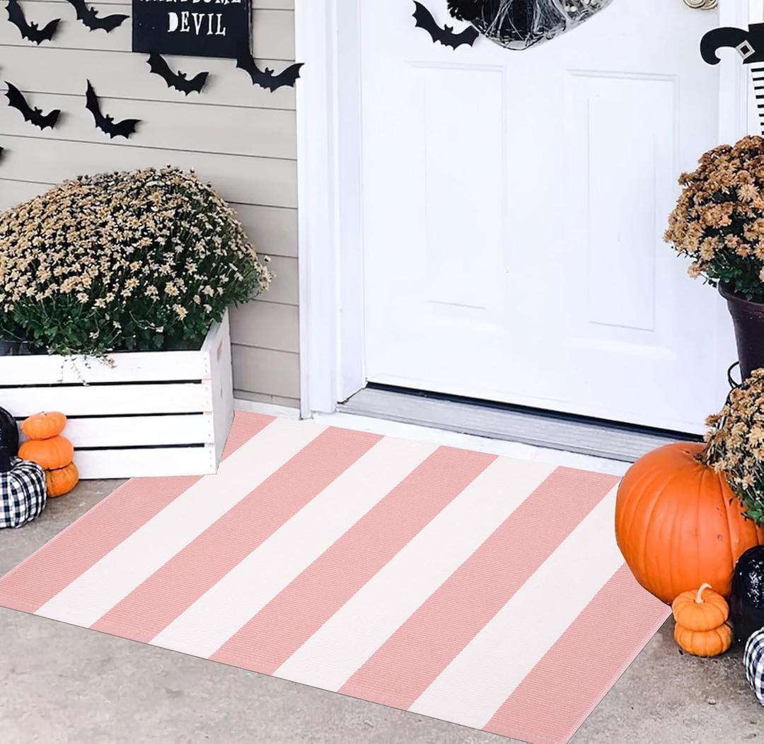Pink and White Front Door Mat Outdoor 2'x3'Washable Layered Doormat