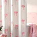 Tegeme Pink Bow Linen Shower Curtain Vintage Cotton Linen Cottagecore Shower Curtain with Hooks Bathroom Decor for Cute Preppy Aesthetic Boho French Country Spring Housewarming Gift 72 x 72 Inch