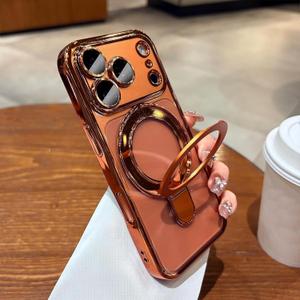 Case for iPhone 17 Pro Max 6.9", Compatible with MagSafe, Luxury Plating Shockproof Clear Phone Cover with Invisible Stand, Full Camera Lens & Screen Protector for Women Girls, Titanium Orange