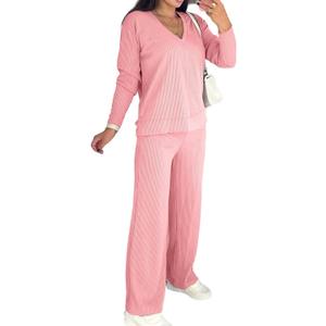 Womens 2 Piece Lounge Sets Long Sleeve Ribbed Knit Casual Top Wide Leg Pants Matching Set Spring Fall Outfits (Pink, L)