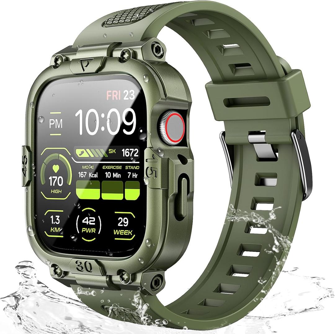 Dsytom Waterproof Case with Band Compatible for Apple Watch Band 46mm 45mm 44mm 42mm(S11/10) 41mm 40mm for Men,Rugged Smartwatch Strap with Built-in Tempered Glass Screen Protector for iWatch Series 11/10/9/8/7/6/5/4/SE