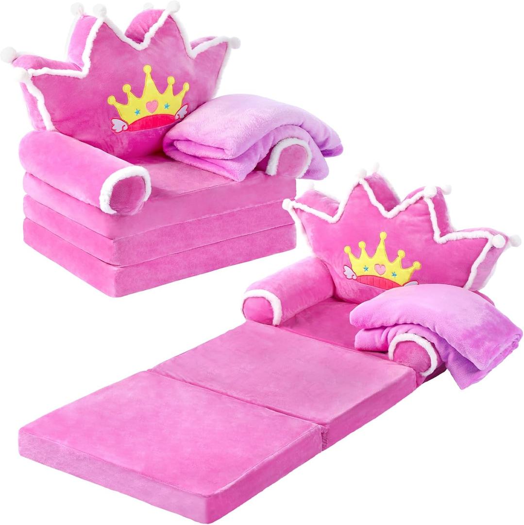 Gifts for Kids Couch 2 in 1 Toddler Couch Fold Out with Flannel Blanket Set Soft Princess Kids Chair for 1-3 Toddler Comfy Convertible Sofa to Lounger Bed for Reading Sleeping Decor(Purple)